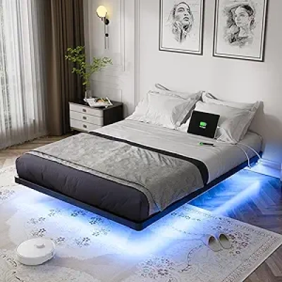 OLEVS Full Size Floating Bed Frame with LED Lights & USB Charging Station