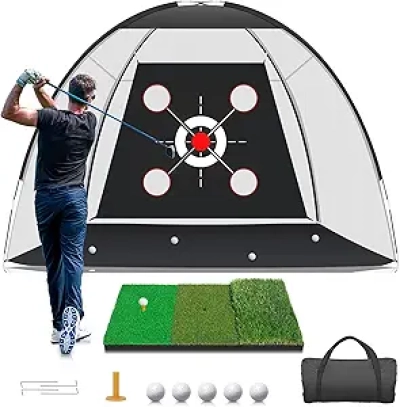 10x7FT Golf Net with Practice Mat & Target Pockets | Indoor/Outdoor Hitting Aid