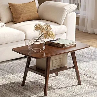 Solid Oak Wood Coffee Table | Mid Century Modern 2-Tier Storage | Walnut & Natural