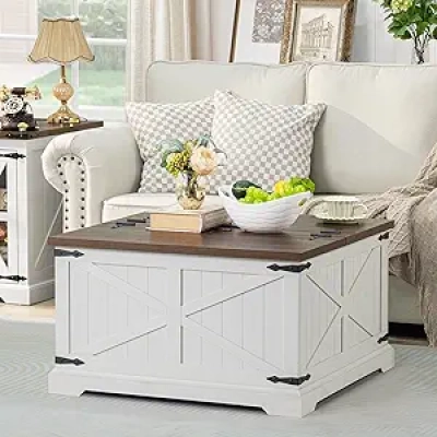 Farmhouse Coffee Table with Hidden Storage - Large Square Lift Top Design