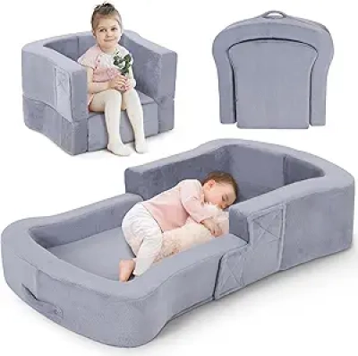 2-in-1 Portable Toddler Travel Bed & Sofa Chair - Foldable Kids Cot with Washable Cover