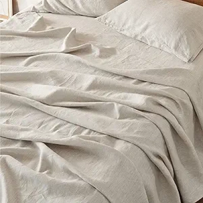 Bedsure Queen Size Linen Cotton Sheets - Breathable 4-Piece Bed Sheet Set
