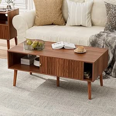 Mid Century Walnut Coffee Table with Sliding Doors & Storage - Modern Living Room Furniture