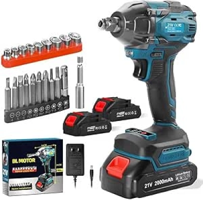 21V Cordless Impact Wrench with Brushless Motor & 2 Batteries - 300N.m Power Impact Driver