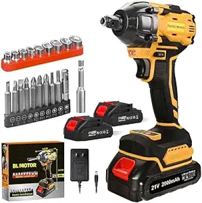 21V Cordless Impact Wrench - 300N.m Brushless Motor with 2 Batteries & 19 Accessories