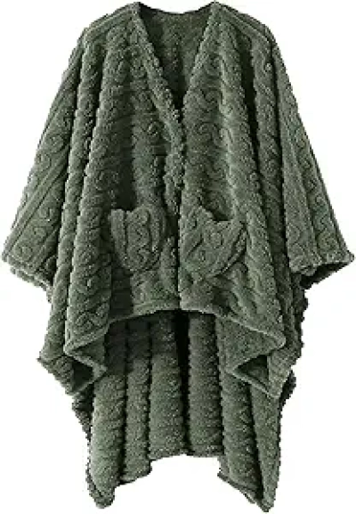 Wearable Blanket Poncho with Pockets - Cozy Sherpa Fleece Wrap for Adults