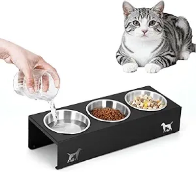 Elevated 15° Tilted Cat Bowls with Non-Slip Base & 3 Stainless Steel Dishes