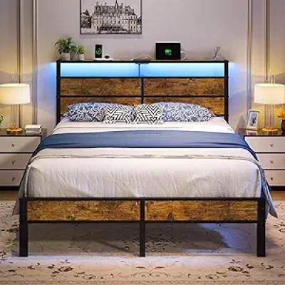 Full Metal Bed Frame with USB Charging, LED Lights & Storage Headboard