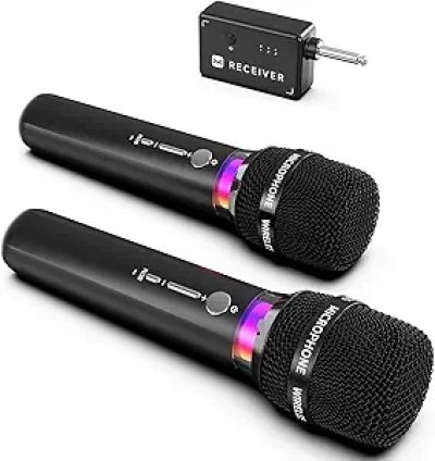 Professional Wireless Microphones 200ft Range, 40H Battery, LED Lights - Karaoke & Singing