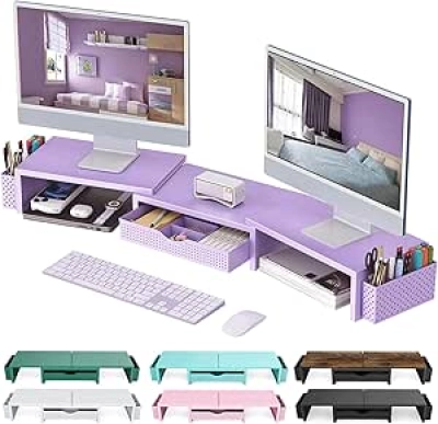 Dual Monitor Stand Riser with Drawer & Pen Holders | Purple Desk Organizer