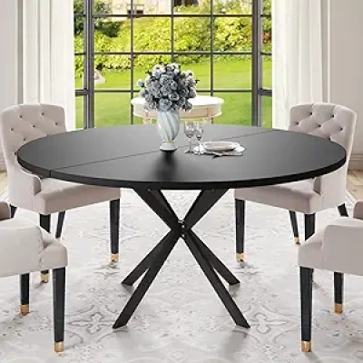 47.24" Round Dining Table for 4-6 People - Black Pedestal Kitchen Table with Metal Legs