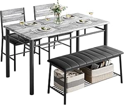 IRONCK Dining Table Set for 4 - Industrial Modern Kitchen Table with Bench & Chairs for Small Spaces