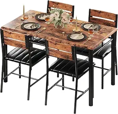 IRONCK 5-Piece Dining Table Set for 4 - Rustic Brown Kitchen Table with Upholstered Chairs