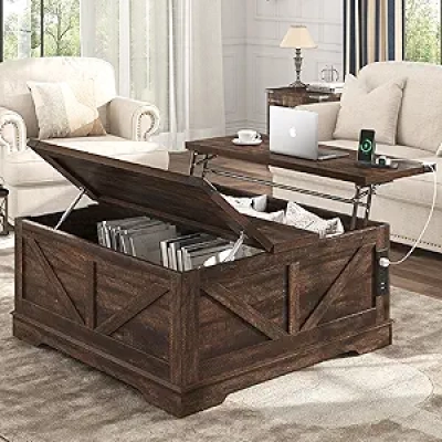 40" Farmhouse Lift Top Coffee Table with Power Outlets & Hidden Storage