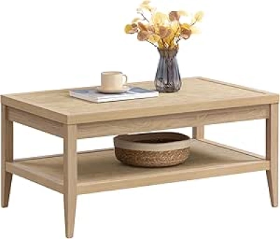 SICOTAS Rattan Coffee Table - Boho Rectangular Dining Center Table with Storage Shelves