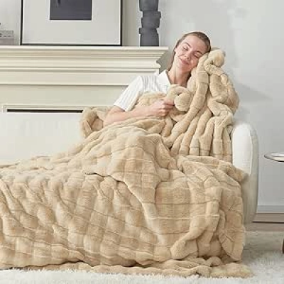 Premium Faux Fur Throw Blanket 50x60 - Soft Beige Couch & Sofa Blanket