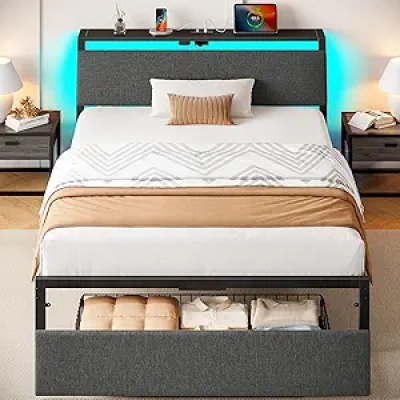 Twin Bed Frame with LED Lights, Storage & USB Charging Station | Rolanstar