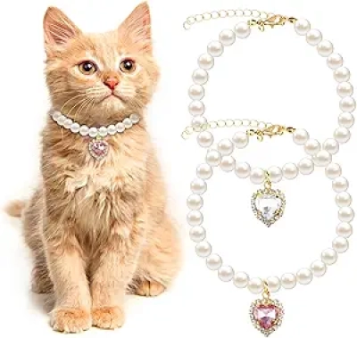 Cute Pearl Dog Cat Collar with Heart Rhinestone - Adjustable Fancy Necklace for Small Pets