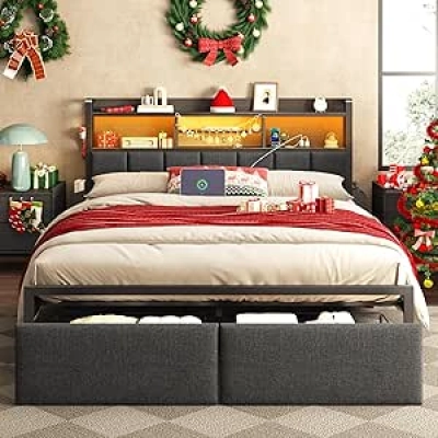 Full Size Bed Frame with Storage Drawers, Charging Station & RGB LED Lights | 1200 lbs Capacity