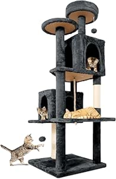 58.5" Large Cat Tree Tower - Multi-Level Indoor Cat Condo with Rotating Cave & Scratching Posts