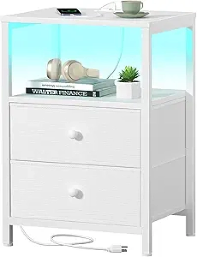 White Nightstand with Charging Station, LED Light & USB Ports