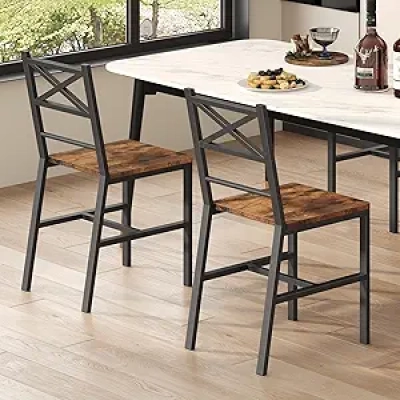 Rustic Dining Chair Set of 2 - Farmhouse Kitchen Chairs with Metal Frame & Backrest