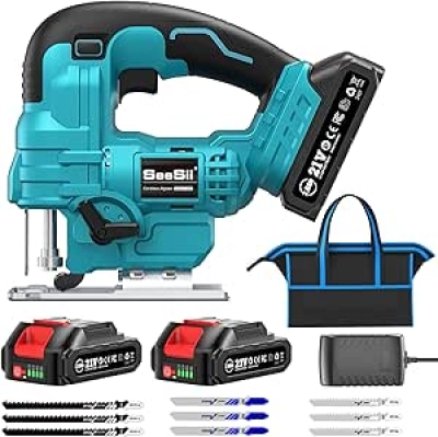 SEESII 21V Cordless Jig Saw - Variable Speed Electric Jigsaw with LED & Bevel Cuts