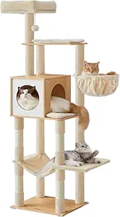 Feandrea 65-Inch Cat Tree Tower with Cave & Hammock - Multi-Level Cat Condo