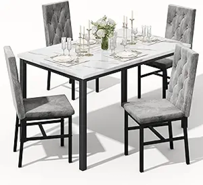 Hooseng Dining Table Set for 4 - Faux Marble Kitchen Table with Button Tufted Chairs