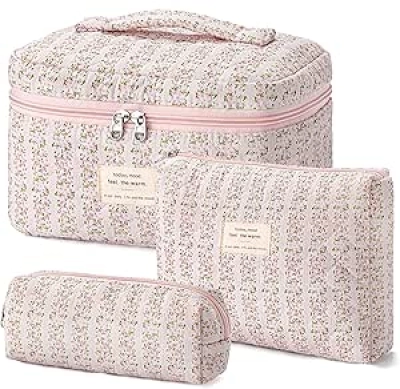 HBselect Quilted Makeup Bag Set - 3PC Floral Cotton Travel Cosmetic Organizer