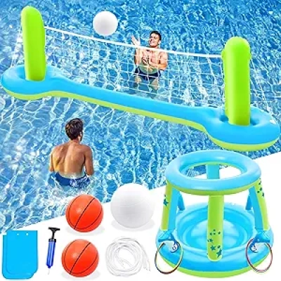 3-in-1 Pool Volleyball Basketball Ring Toss Game Set - Inflatable Water Toys for Kids & Adults