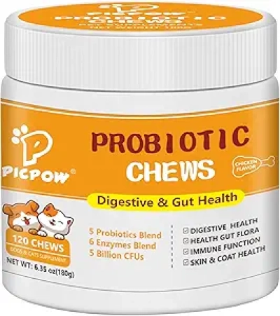 Best Probiotics for Dogs & Cats - 5 Strains, Digestive Enzymes & Prebiotics, 120 Chews