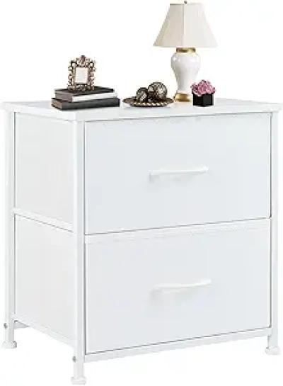 DUMOS 20 Inch White Nightstand with 2 Fabric Drawers - Compact Bedroom Side Table & Storage