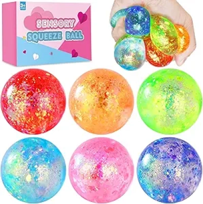 Stress Balls 6 Pack for Kids & Adults - Slow Rise Glitter Fidget Toys
