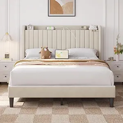 Queen Bed Frame with USB Charging Station & Storage Headboard - Beige Upholstered Platform Bed