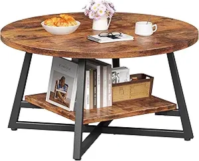 Small Round Coffee Table with Storage - Rustic Brown Modern Wood Design