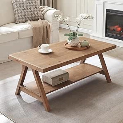 Farmhouse Coffee Table with Storage - Solid Wood Rustic Center Table