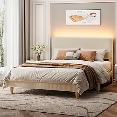 Queen Bed Frame with LED Lighting & Adjustable Headboard | Bestier Corduroy Upholstered Bed