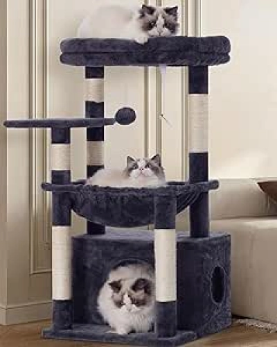 Heybly Cat Tree Tower with Large Basket & Scratching Posts - Smoky Gray
