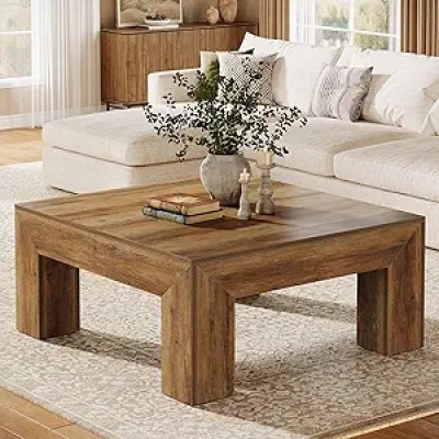 39.4" Square Farmhouse Coffee Table - MDF Rustic Brown Cocktail Table with Storage