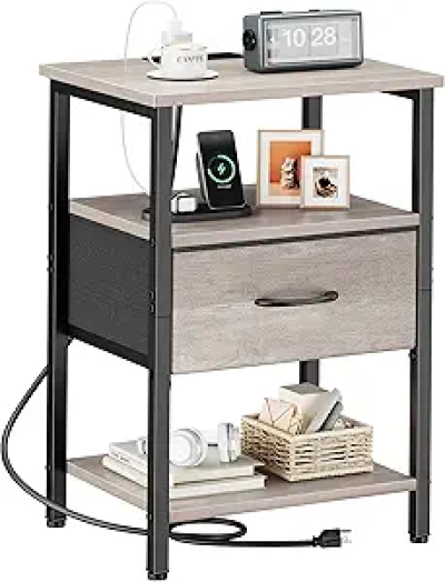 Vagusicc Nightstand with Charging Station - Grey Bedside Table with Drawer & Storage Shelf