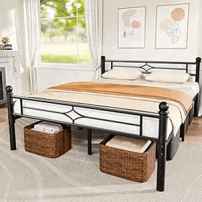 Queen Size Metal Bed Frame with Headboard - 12.5" Storage Space, No Box Spring Needed