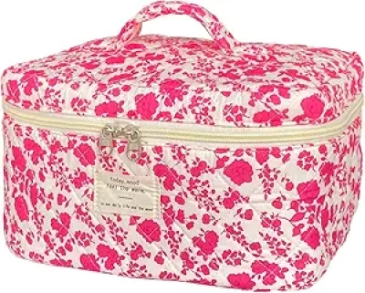 Rose Red Quilted Floral Makeup Bag - Large Cosmetic Travel Toiletry Bag for Women
