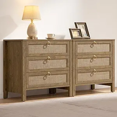 SICOTAS Boho Nightstand Set of 2 with 3 Drawers - 26.78" Wide Rattan Bedside Table
