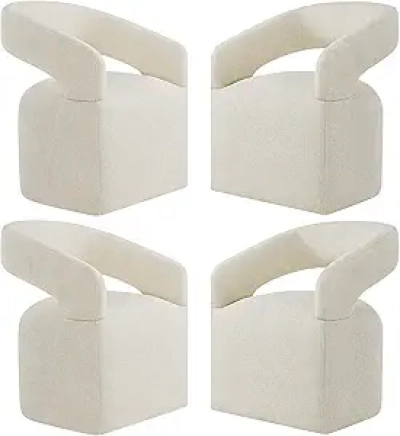 Upholstered Dining Chairs with Hidden Removable Casters - Cream Beige Barrel Armchairs (Set of 4)