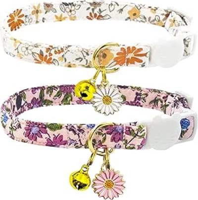 2 Pack Cotton Cat Collars with Bell & Flower Pendant - Adjustable Breakaway Design