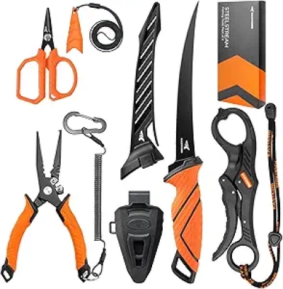 KastKing SteelStream Fishing Tool Set - 7pc Corrosion Resistant Pliers, Fillet Knife & Gear