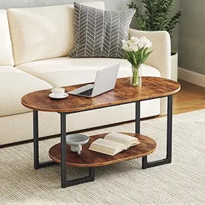 Oval Coffee Table with Storage - Industrial Farmhouse Design | HOOBRO