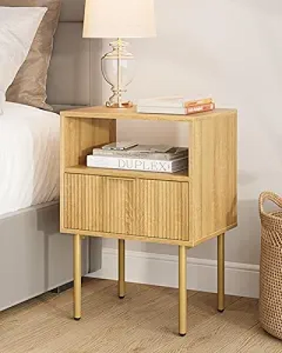 Mid-Century Modern Nightstand with Storage Drawer - Gold Frame Bedside Table