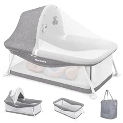Portable Travel Bassinet for Newborns 0-5 Months | Foldable Baby Bed with Canopy & Mosquito Net